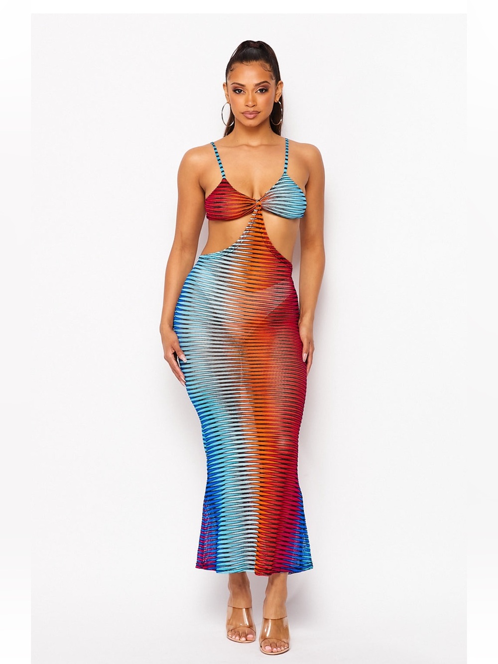 44. Mesh Multicolor Striped Maxi cover up Dress